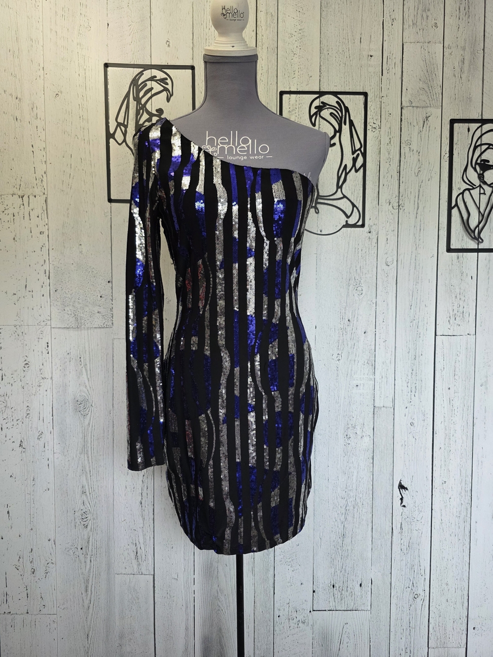 Va Va Voom Blue Silver Sequin One Shoulder Bodycon Party Dress Size L Holiday